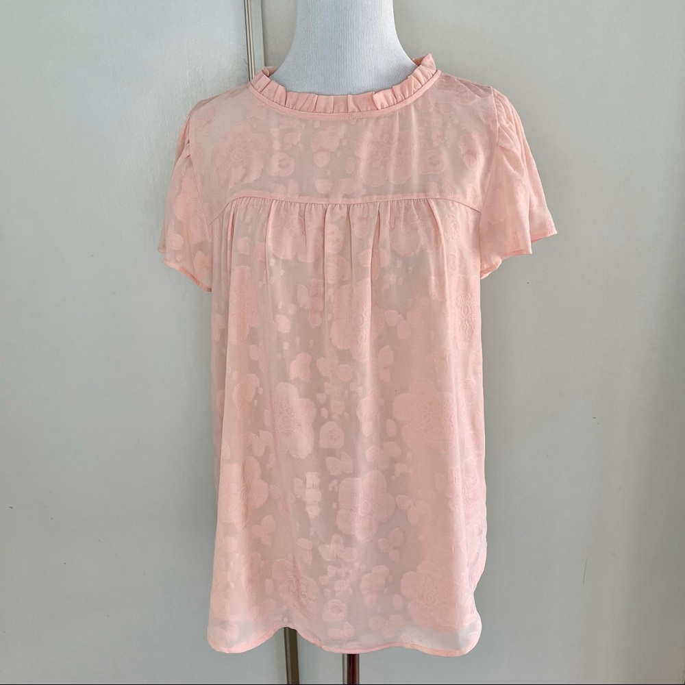 Loft Pink Floral Top, Size Small, with Lace and Ruffles